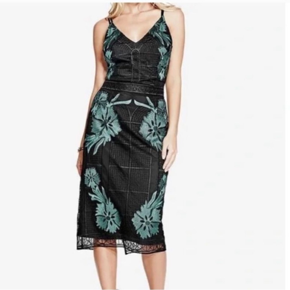 GUESS Larita embroidered black emerald green mesh lace slip midi dress